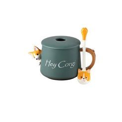 14 oz. Ceramic Corgi Coffee Mug with Lid and Spoon